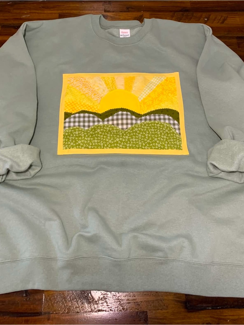 Hanes Sage Green Sweatshirt with Yellow Mountain Sun Patch
